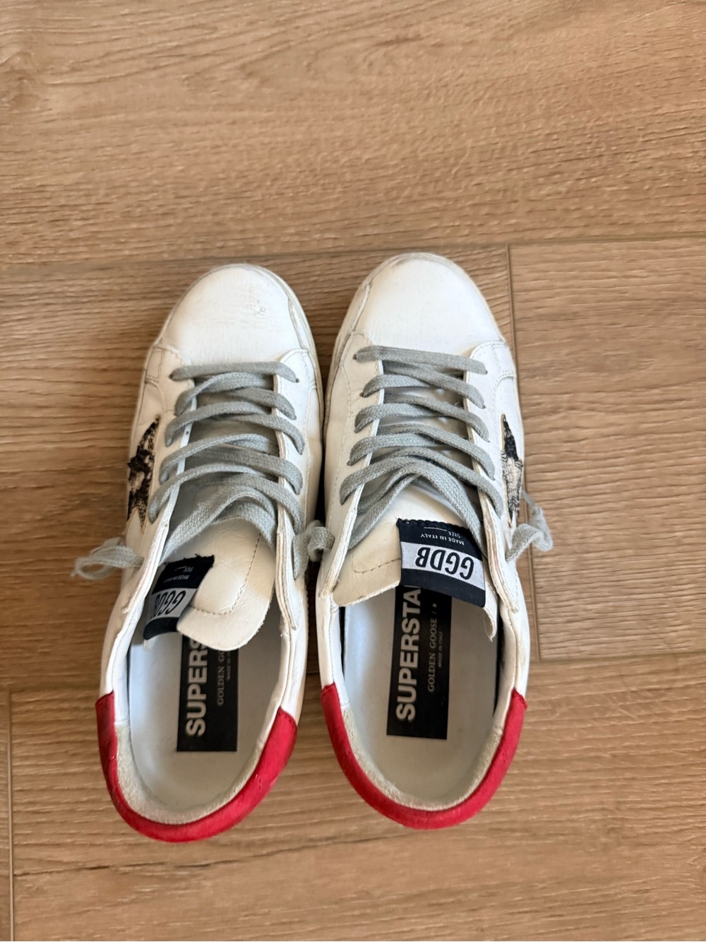 Golden Goose Women’s Sz39 White Leather Sneakers with Red Heel Tab & Gray Laces